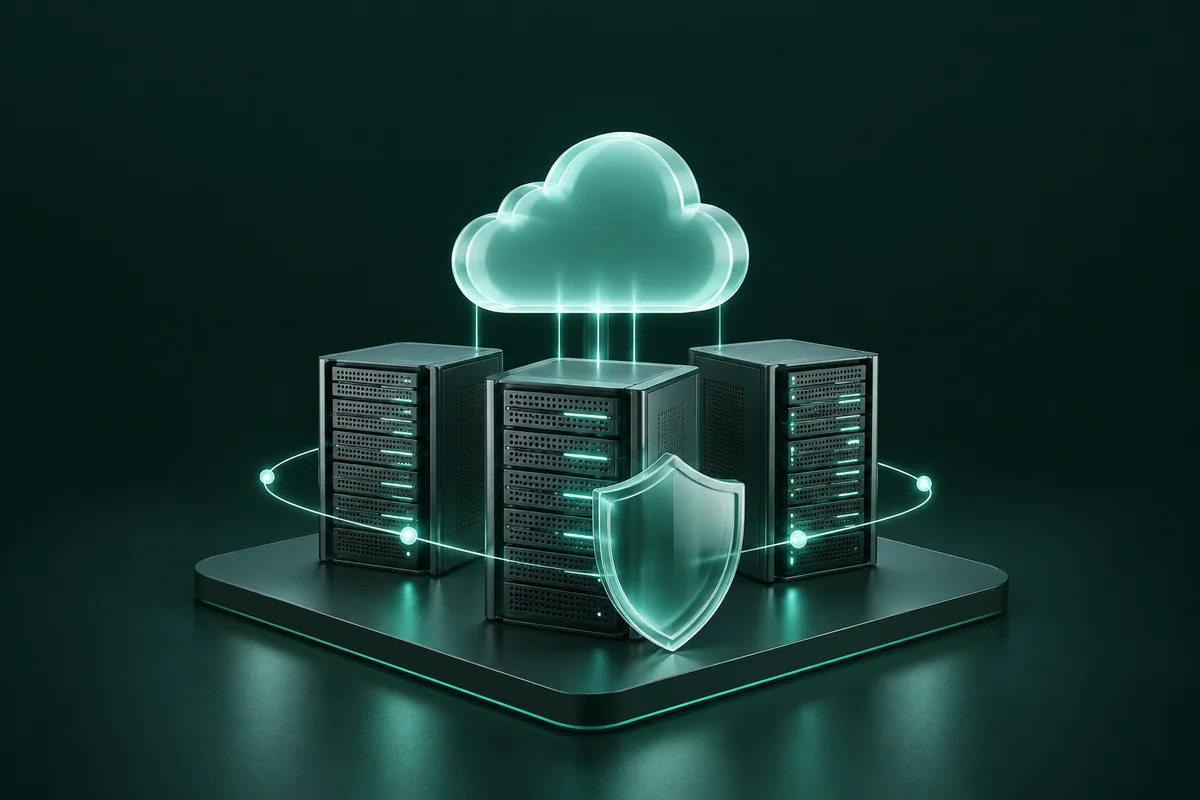 Cloud infrastructure with connected servers and a protective shield